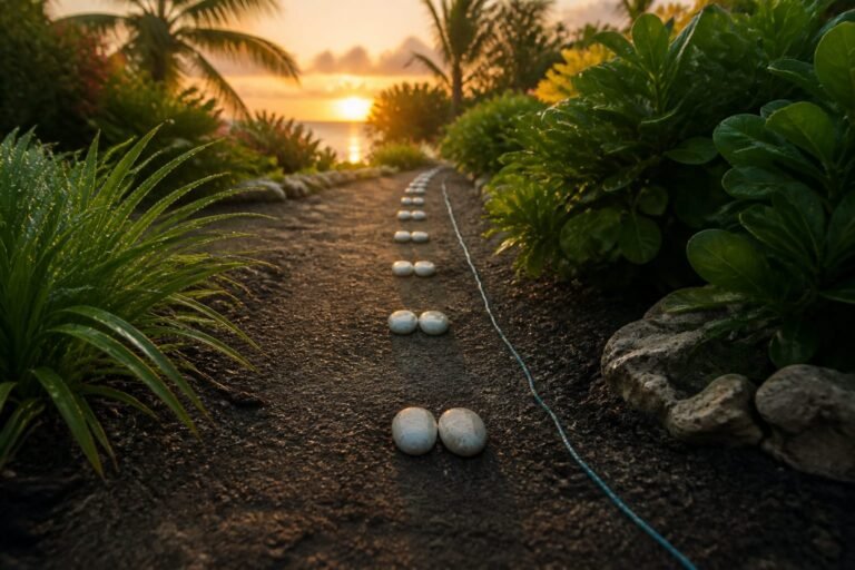 Pairs of smooth white stones marking a Caribbean garden path towards sunrise.