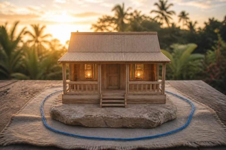 A wooden Caribbean house with two glowing lamps resting on a broad foundation stone.
