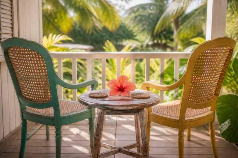 Two weathered turquoise and yellow cane chairs beside a table with a coral hibiscus.