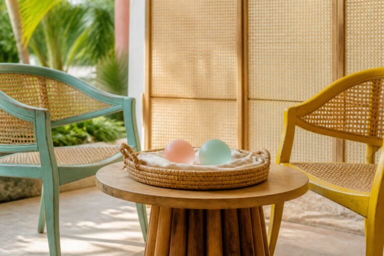 Two frosted glass spheres in a lined woven tray between turquoise and yellow chairs.