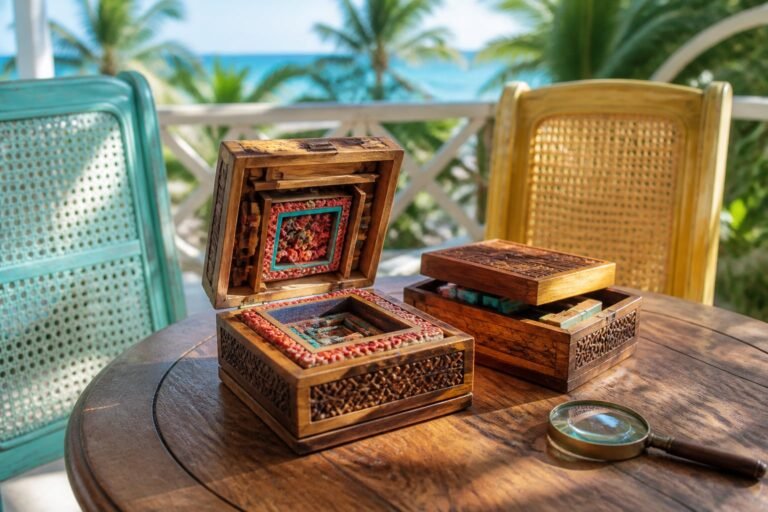 Two carved wooden puzzle boxes opened between turquoise and yellow cane chairs.