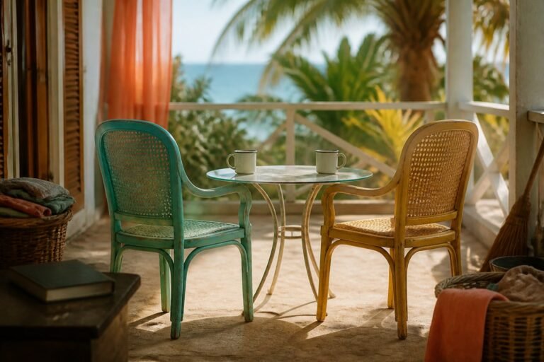 Two enamel cups waiting on a round table between turquoise and yellow chairs.