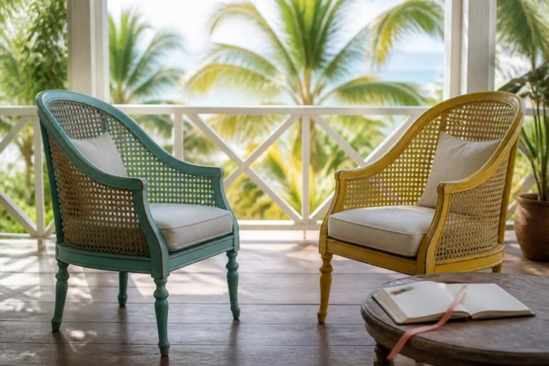 Two cane chairs facing each other beside an open blank notebook and coral ribbon.