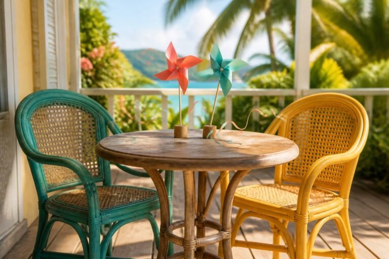Two colourful pinwheels turning on a table between turquoise and yellow chairs.