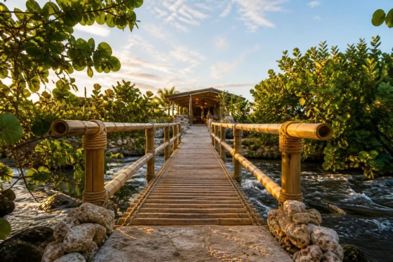A sisal-lashed bamboo footbridge leading across flowing water to a warm shelter.