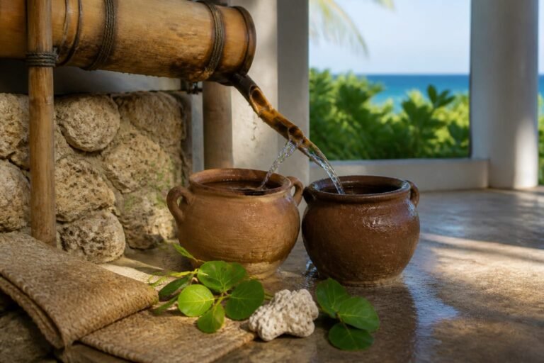 Two clay vessels beginning to fill beneath a split bamboo rainwater channel.