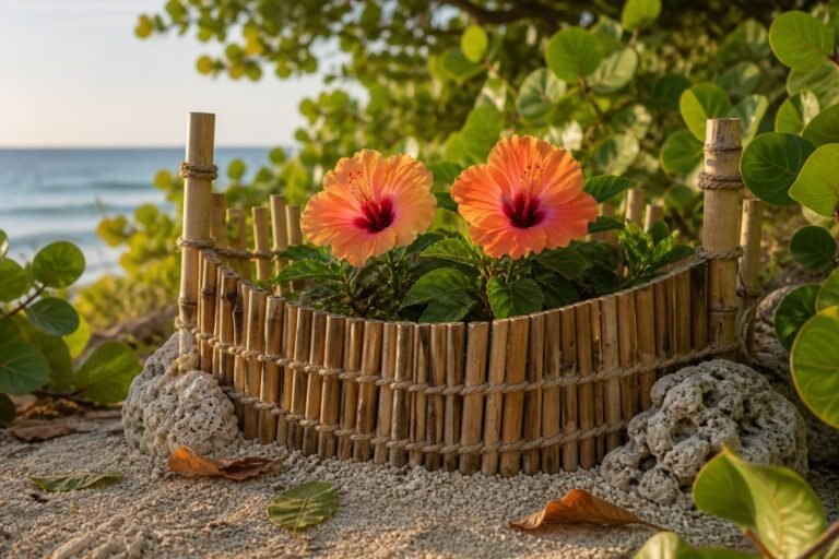 Two hibiscus blossoms sheltered by a curved bamboo windbreak.