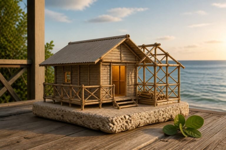 A handcrafted Caribbean house model mostly completed with one section still being built.