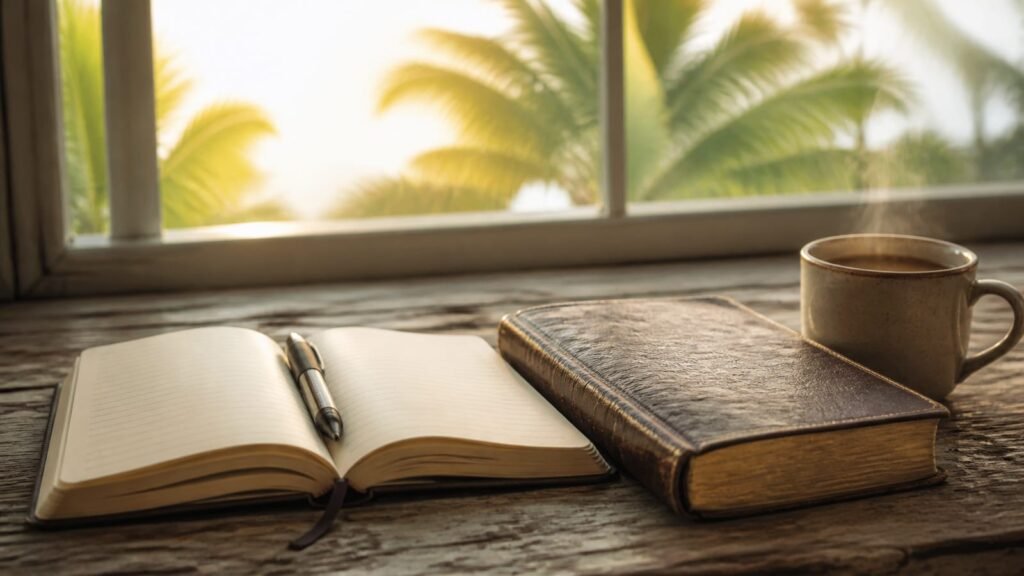 An open notebook, worn Bible and steaming cup of tea on a wooden table in Caribbean morning light.