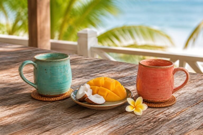 Two turquoise and coral handmade mugs beside mango, coconut and frangipani.
