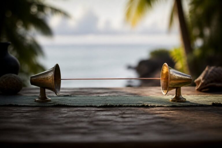 Two aligned brass listening horns joined by a straight copper line.