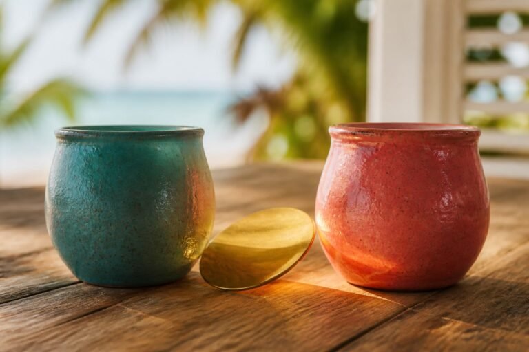 Two glazed ceramic vessels lit by an oval polished brass reflector.