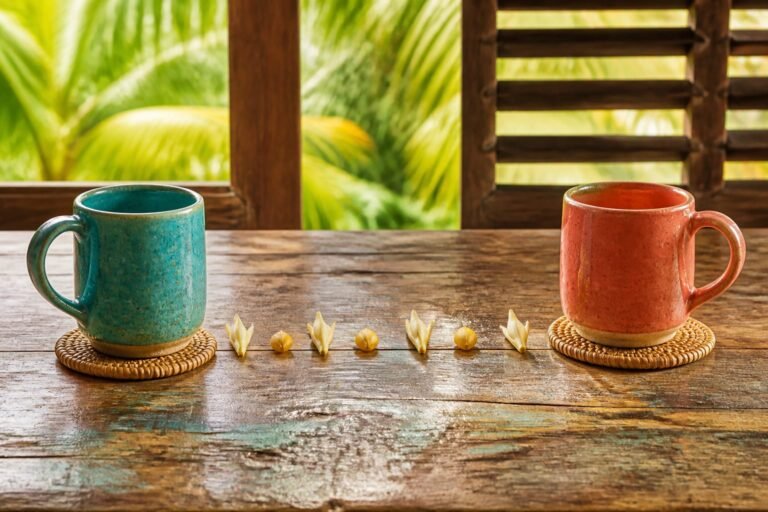Two ceramic mugs with a line of frangipani buds and golden seeds.