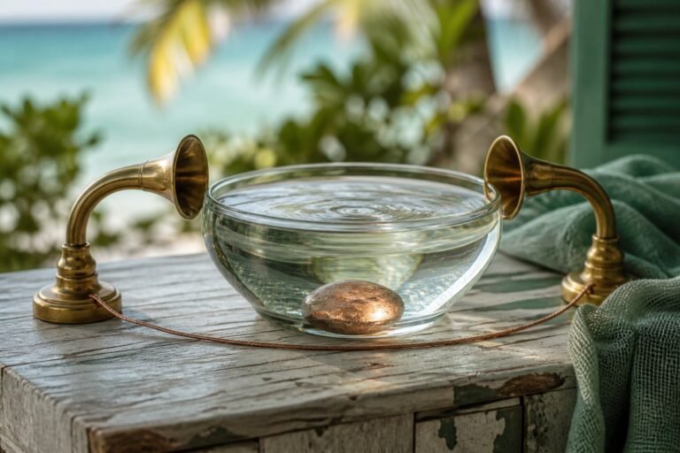 Two brass listening horns beside a deep glass water bowl and submerged copper stone.