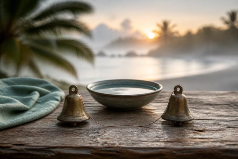 Two still brass bells linked by copper wire beside a calm water bowl.