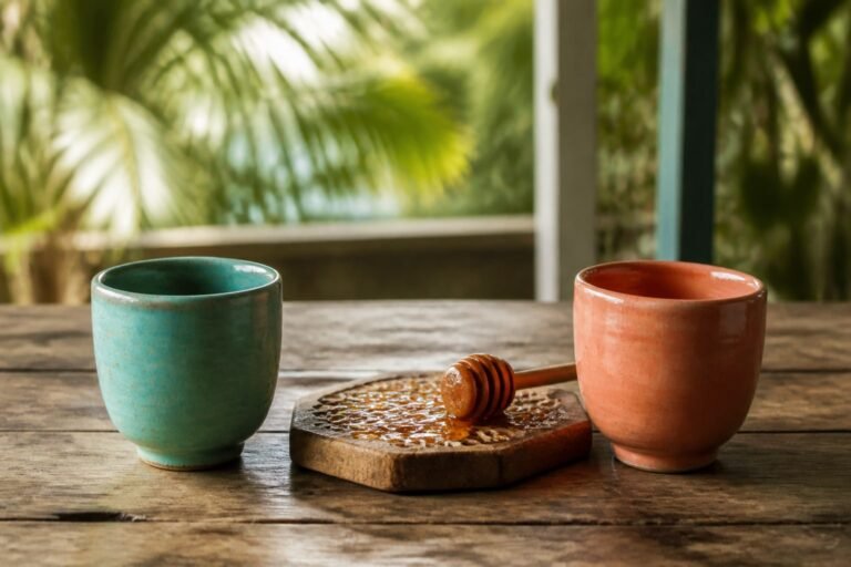 Two ceramic cups beside a wooden honey board and honey dipper.