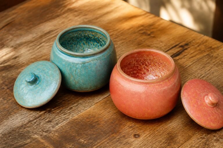 Two open ceramic jars reveal richly patterned inner glazes.