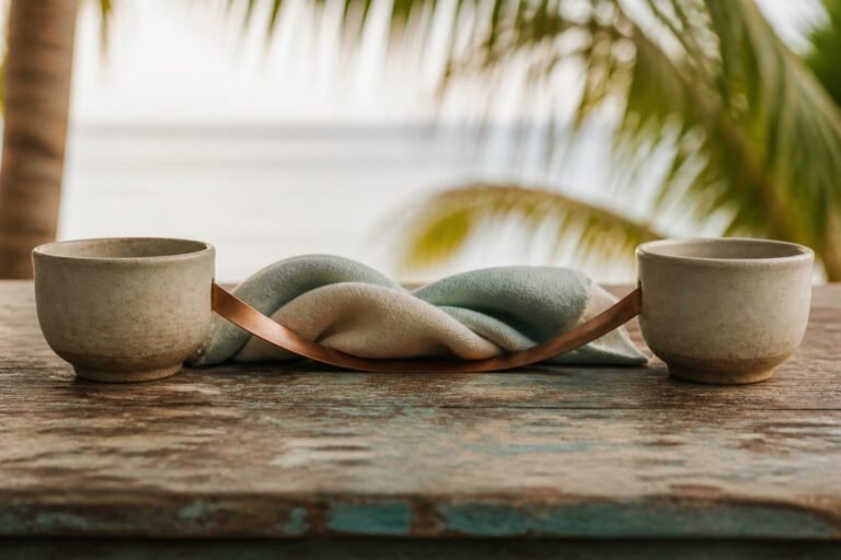 Two ceramic cups joined by a copper ribbon cushioned with soft fabric.