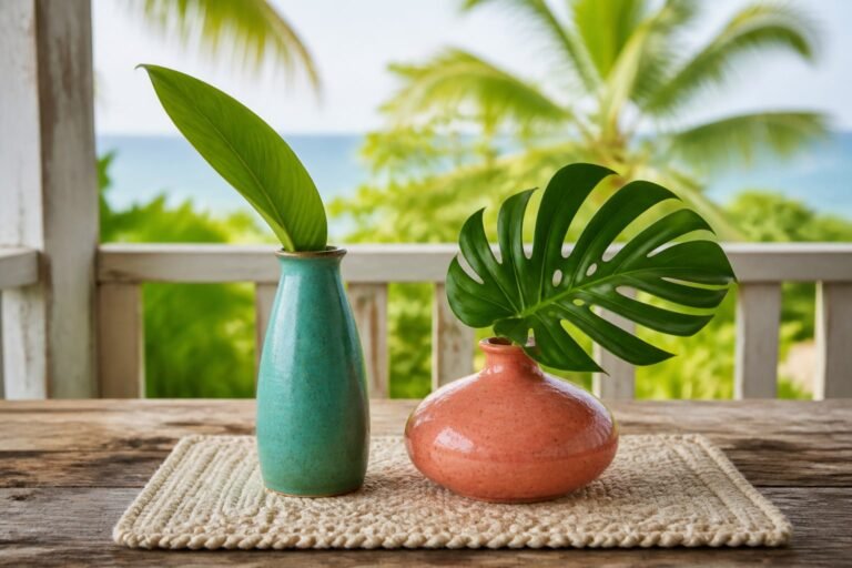 Two differently shaped ceramic vases hold distinct tropical leaves on one mat.