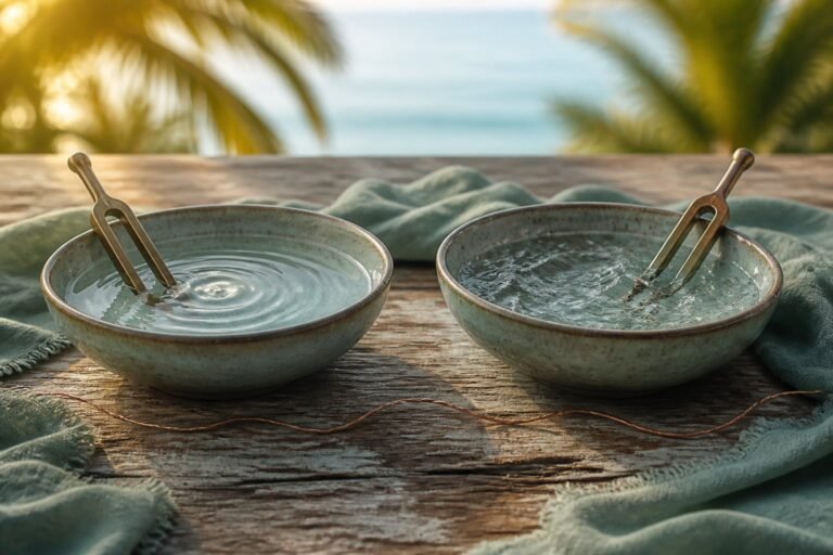 Two tuning forks resting in water bowls with calm and choppy ripples.