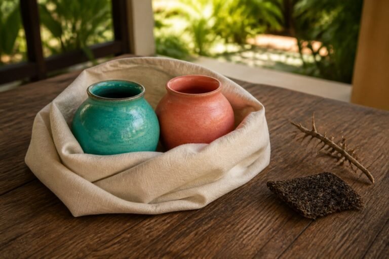 Two ceramic vessels wrapped in cream linen beside a thorny twig and coarse fibre.