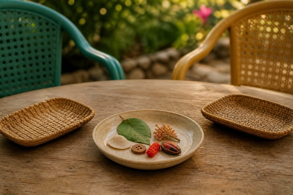 Two woven trays beside a dish of leaves, shells, seeds and thread.