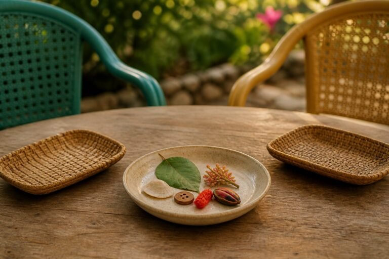 Two woven trays beside a dish of leaves, shells, seeds and thread.