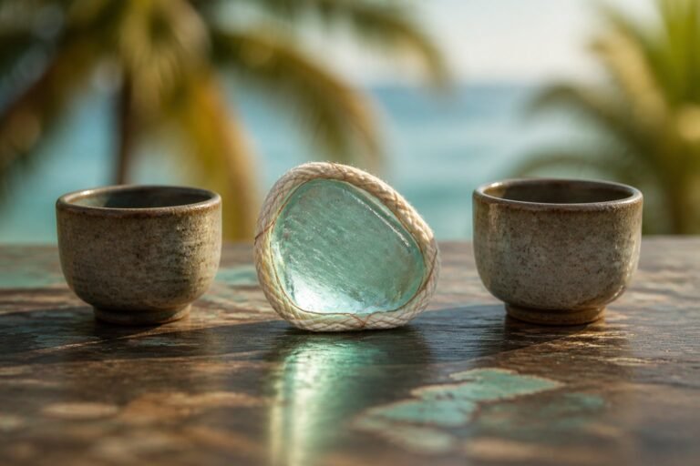 Sea-green glass wrapped in soft cord between two ceramic cups.