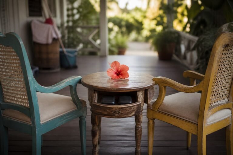 Two face-down phones stored in a table drawer beneath a coral hibiscus.