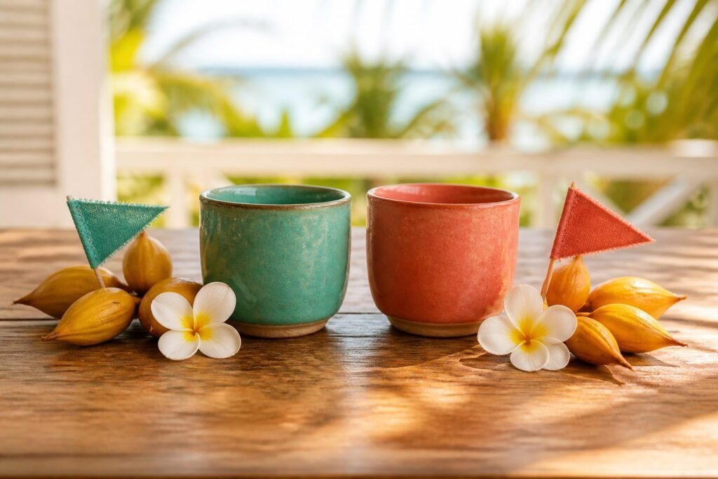 Two ceramic cups with seed pods, frangipani and small fabric pennants.