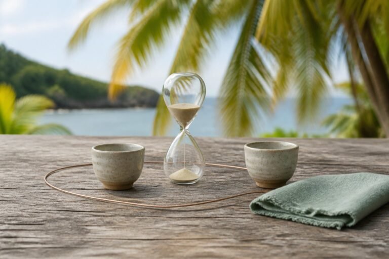 A glass sand timer between two ceramic cups joined by copper wire.