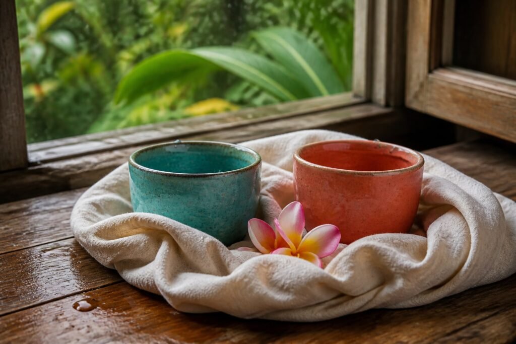 Two ceramic cups cushioned in cream cloth beside a frangipani after rain.