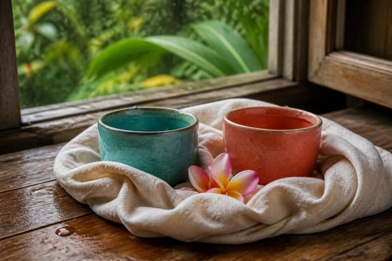 Two ceramic cups cushioned in cream cloth beside a frangipani after rain.