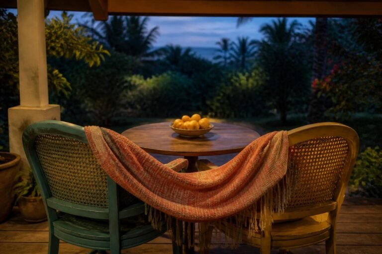 A coral shawl draped across two cane chairs beside a bowl of golden fruit.