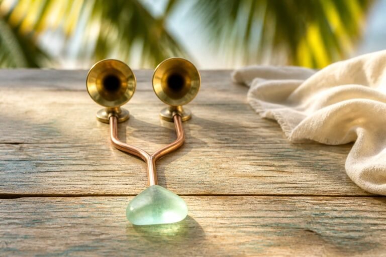 Two brass listening horns sharing one copper path towards a sea-green stone.