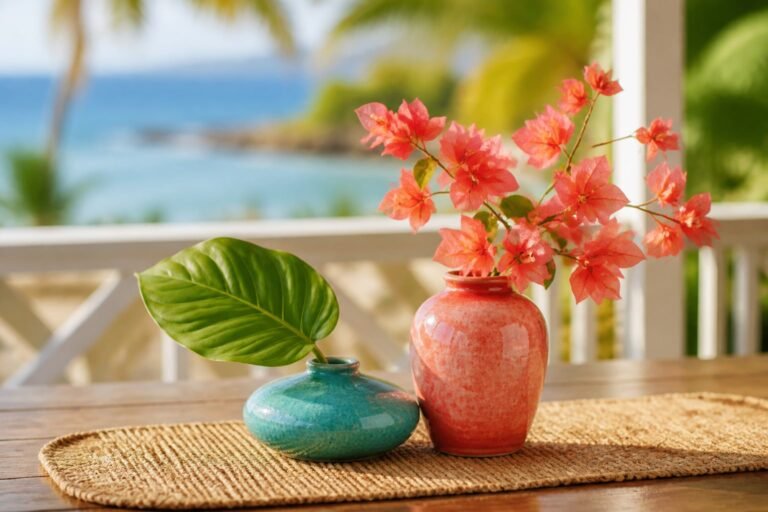 A turquoise vase with a broad leaf beside a coral vase of bougainvillea.