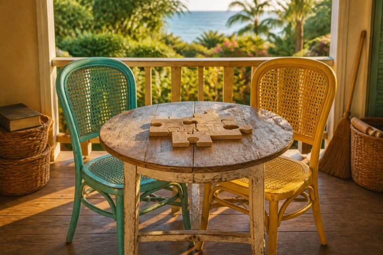 Two cane chairs beside a round table with an unfinished wooden puzzle.