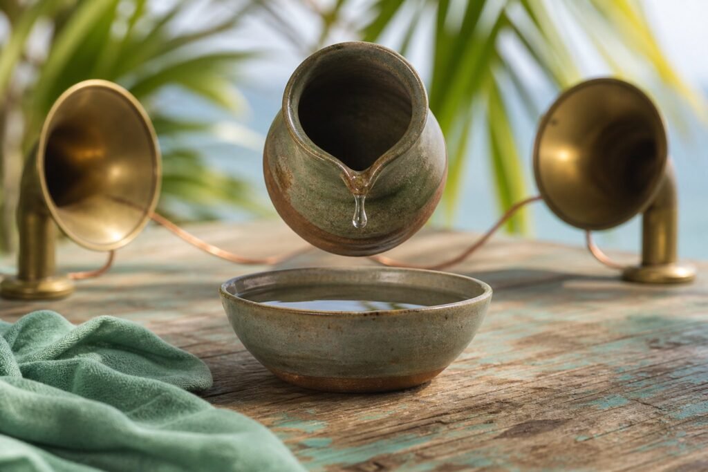 A ceramic pitcher holding a suspended droplet above a still water bowl.