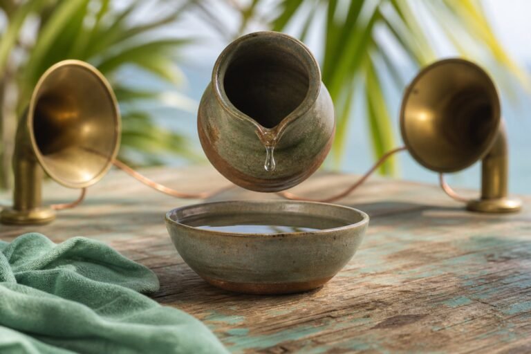 A ceramic pitcher holding a suspended droplet above a still water bowl.