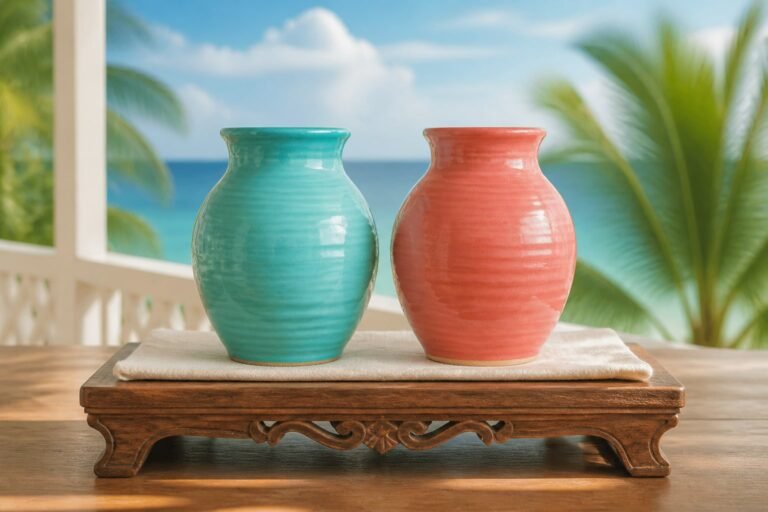 Two ceramic vases standing together on a carved wooden display stand.