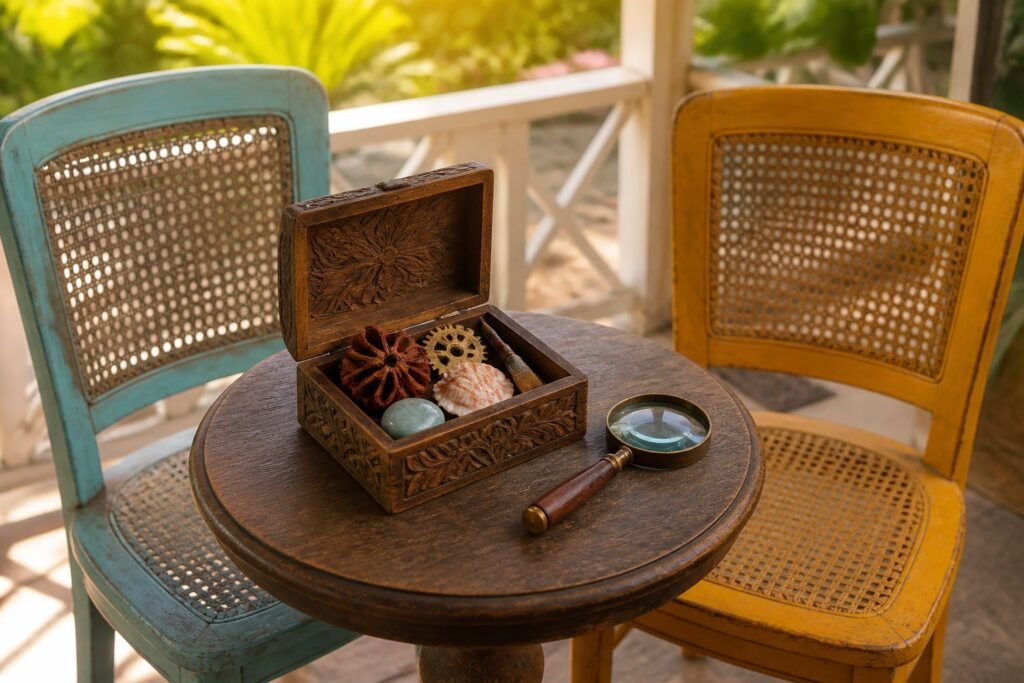 An open collection box and magnifying glass between turquoise and yellow chairs.