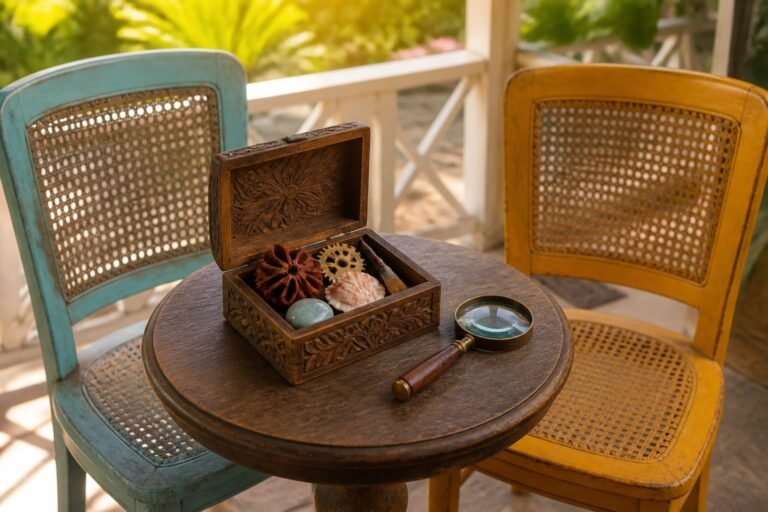 An open collection box and magnifying glass between turquoise and yellow chairs.