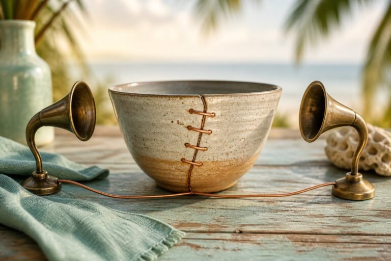 A cracked ceramic bowl repaired with copper staples between two listening horns.