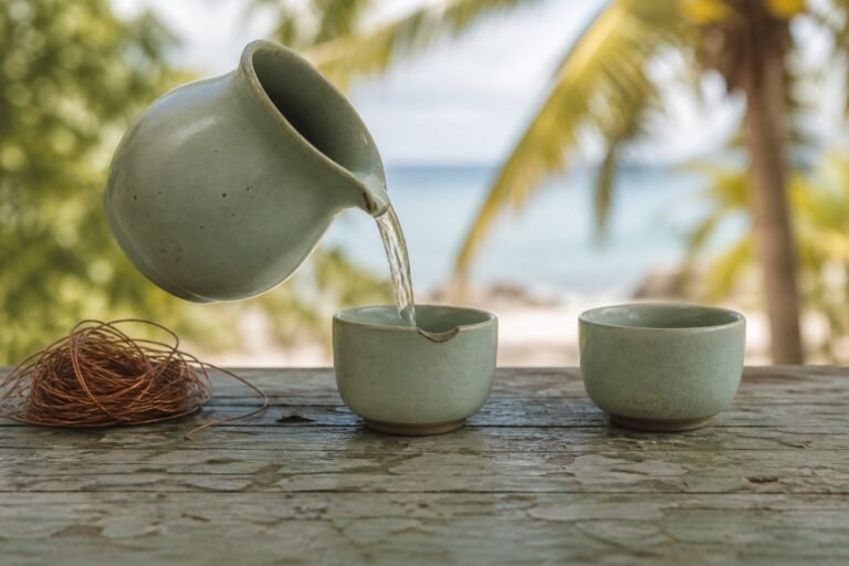 A ceramic pitcher pouring water into a chipped cup with tangled copper wire set aside.