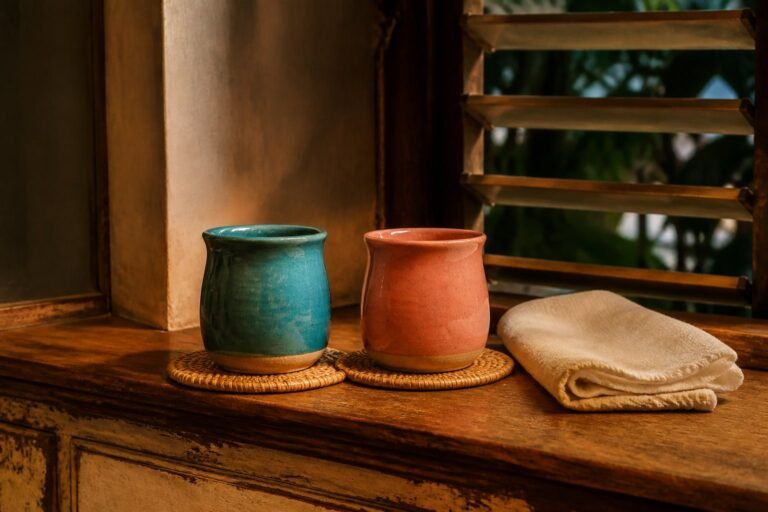 Two ceramic cups on woven coasters beside a folded cream cloth at a louvred window.