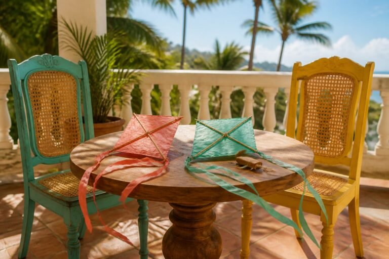 Two handmade coral and sea-green kites resting between cane chairs.