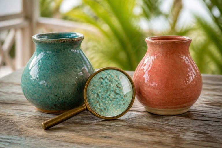 A brass magnifying glass enlarges speckled glaze between two ceramic vessels.