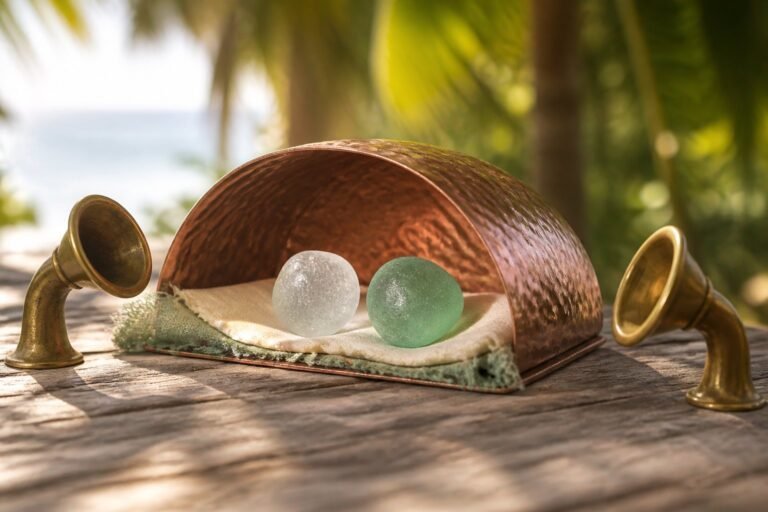 Two frosted glass spheres sheltered beneath a copper arch between two listening horns.