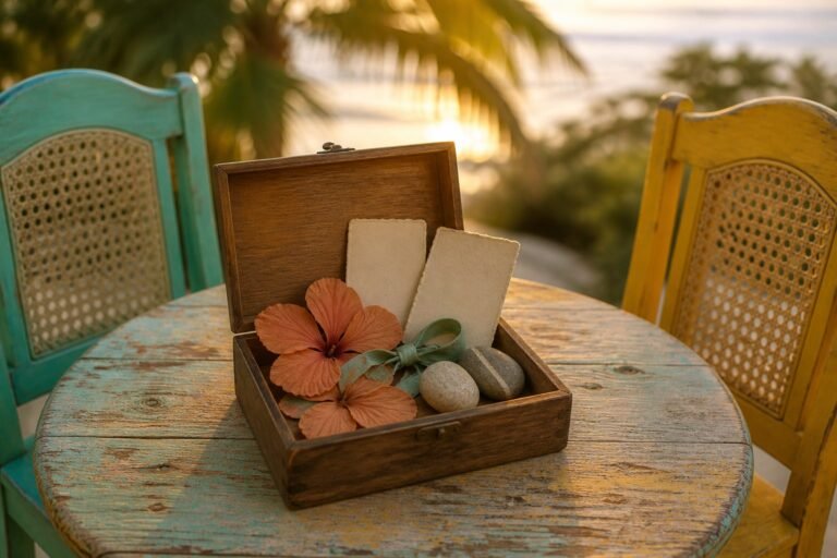 A wooden keepsake box holding flowers, blank cards, ribbon and beach stones.