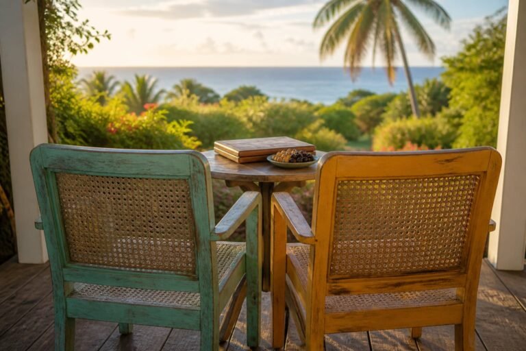 Two cane chairs sitting side by side facing a Caribbean garden and sea.